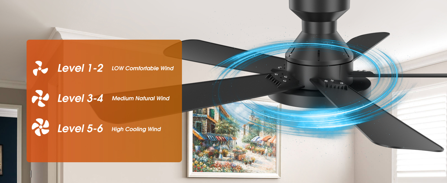 flush mount ceiling fan with light, 6 fan speeds adjustable,