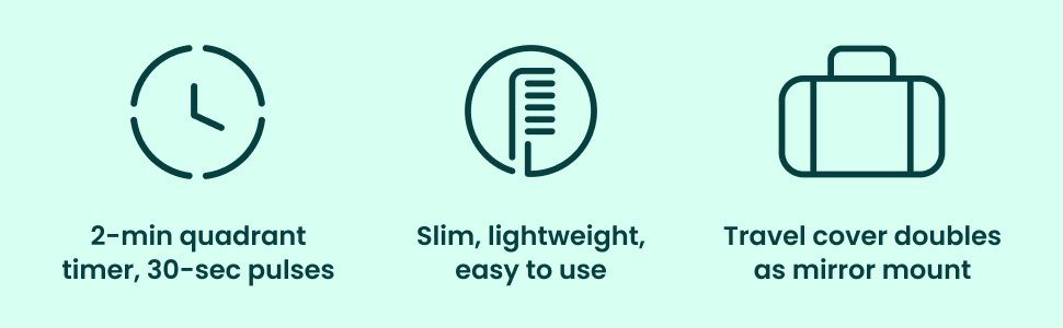 2-minute quadrant timer, 30-second pulses. Slim &amp;amp; easy to use. Travel cover doubles as mirror mount.