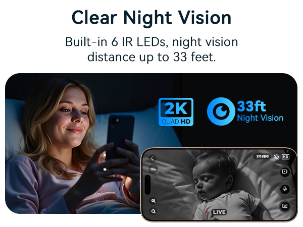 Baby monitor display showing night vision capability with 2K Ultra HD resolution and 33ft night vision range. Screen shows black and white monitoring view with interface controls.