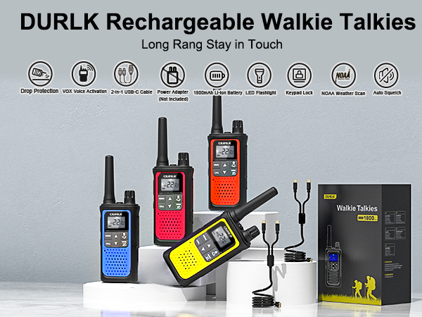 DURLK 4 pack walkie talkies long range in blue orange yellow red with cables and box