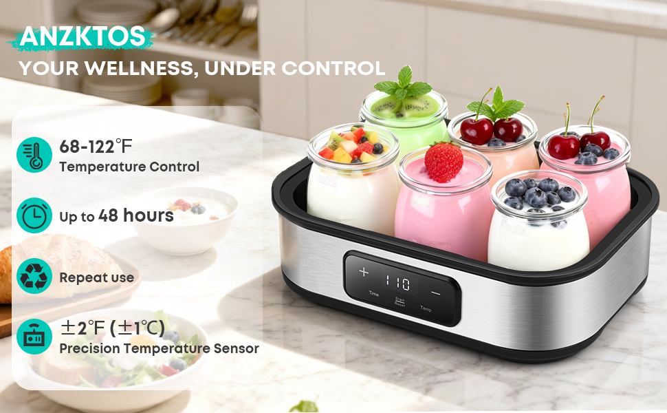 Anzktos yogurt maker with precise 68-122°F temperature control, 48-hour timer, and ±2°F accuracy.
