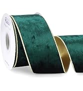 Ribbli Forest Green Velvet Wired Ribbon 2.5 Inch Metallic Dark Green Gold Crushed Velvet Christma...