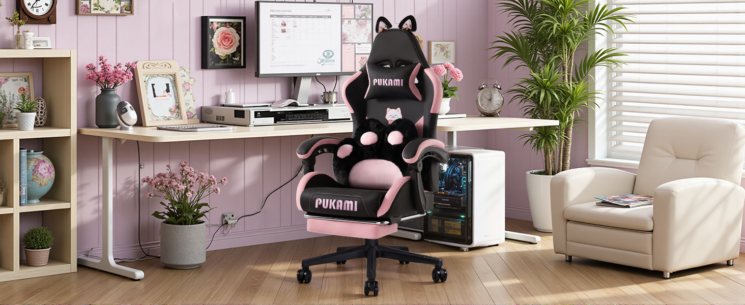 Gaming Chair with Cat Ears and Cat Paw Lumbar Cushion, Cute Ergonomic Gaming Computer Desk Chair