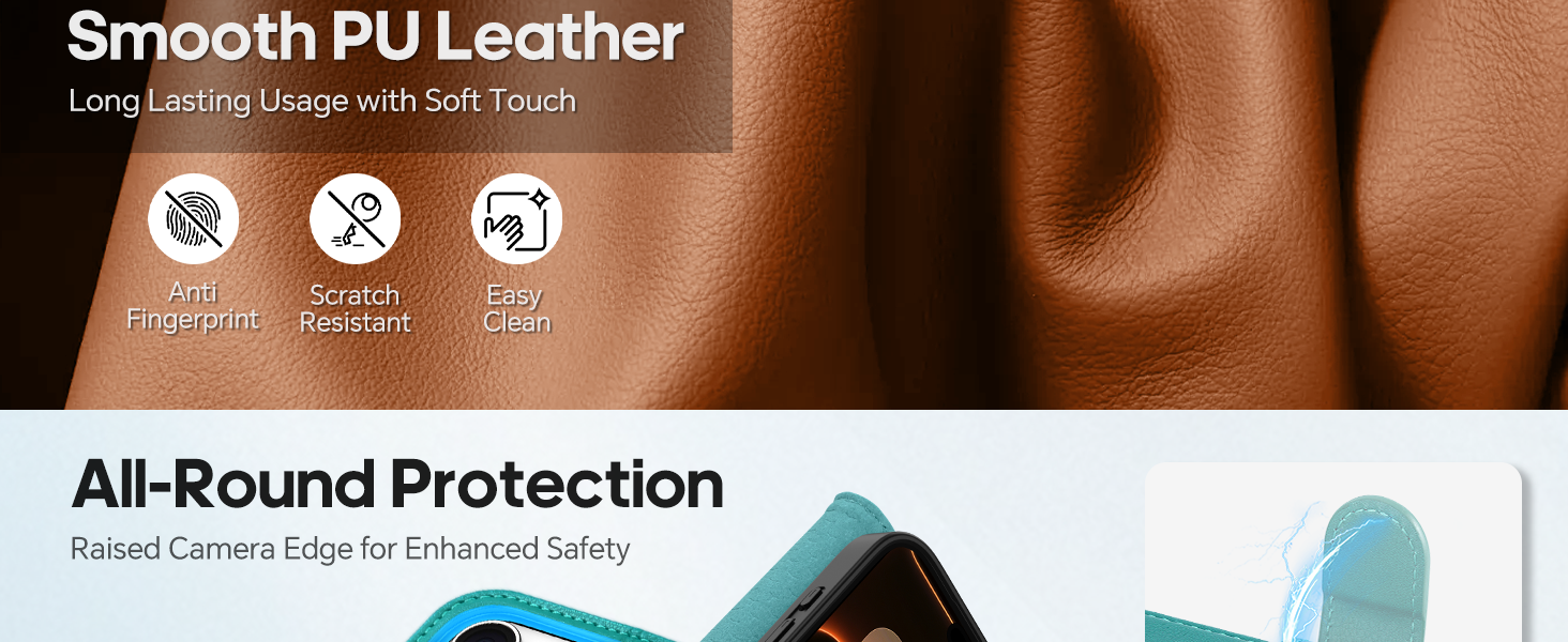 Text reads: 'Smooth PU Leather', 'All-Round Protection'. Dark brown leather texture shown with protective icons and teal protective case element visible.