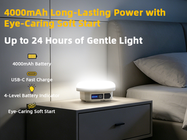 Camping lantern as a bedside night light with soft start and 4000mAh long-lasting battery