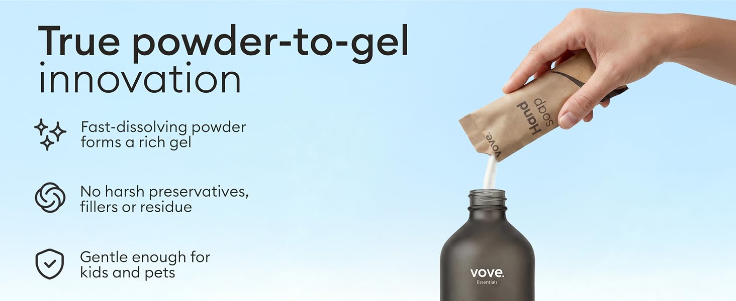 Text reads 'True powder-to-gel innovation.' Product demonstration showing powder transforming into gel form, with circular icon illustrations.