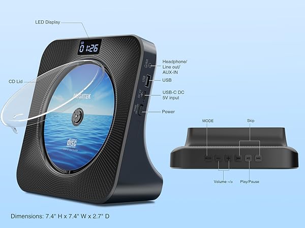 MEGATEK CP28BR Portable CD Player with Compact Desktop Design, Remote Control, On-Unit Keys