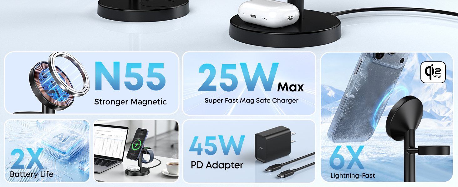 25W 3 in 1 Wireless Fast Charging Station for Apple MagSafe Charger