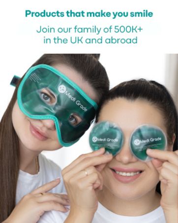 Two teal-colored gel eye masks being demonstrated in a promotional image