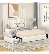HXERY Queen Ivory Boucle Upholstered Platform Bed with Vertical Striped Wingback Headboard, 2 Und...