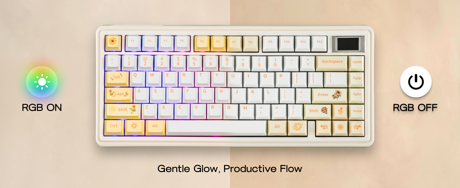 White mechanical keyboard with RGB backlit keys shown in different lighting configurations and angles on beige surface.