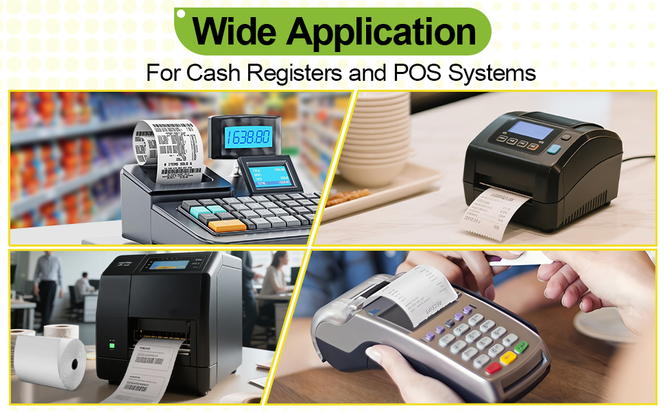 Text reads 'Wide Application For Cash Registers and POS Systems'. Collection of images showing various credit card payment terminals and POS systems in use.