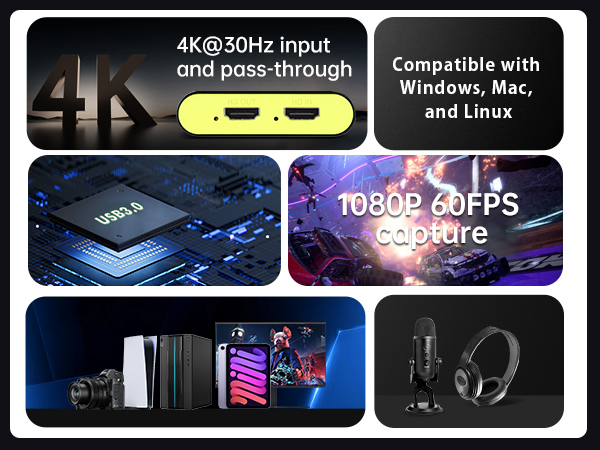 4K capture card features: 4K@30Hz, multi-system, audio, USB3.0, 1080P60, multi-device