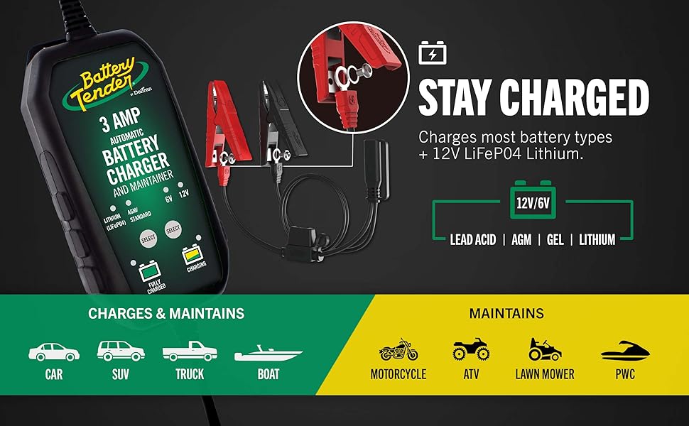 Battery Tender Battery Charger Maintainer 12V or 6V 3 Amp Selectable Cars, Trucks, SUVs, and More