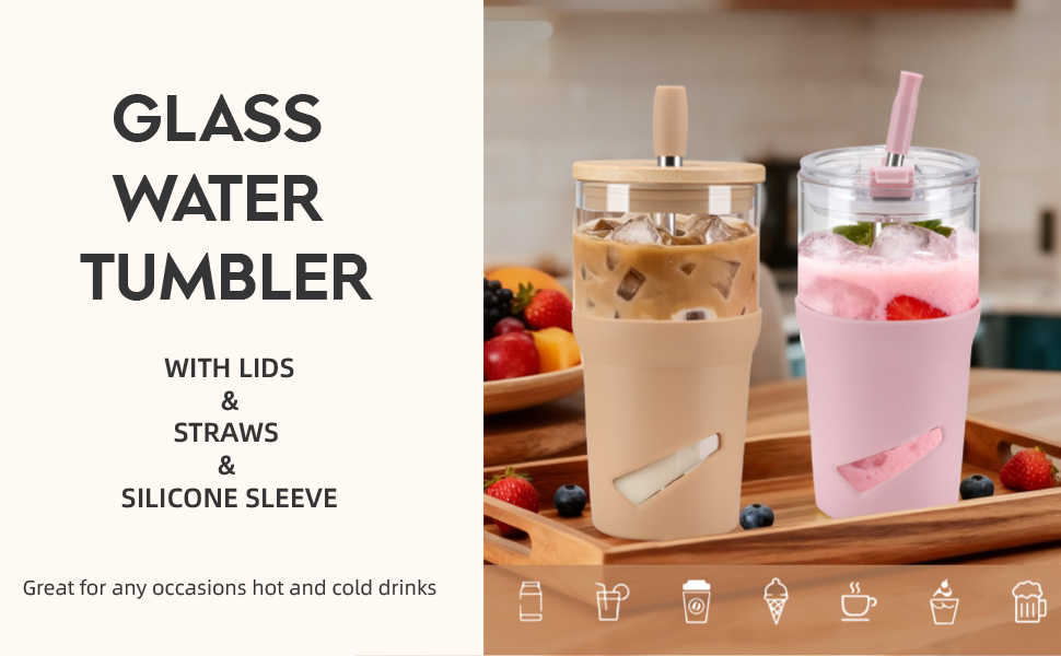 Glass Tumbler with Lids and Straws, 20 oz Iced Coffee Cup and Smoothie Cup
