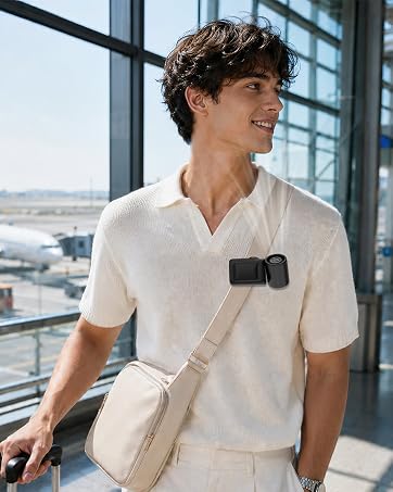Black clip-on portable fan for airport travel, commute, and hands-free cooling