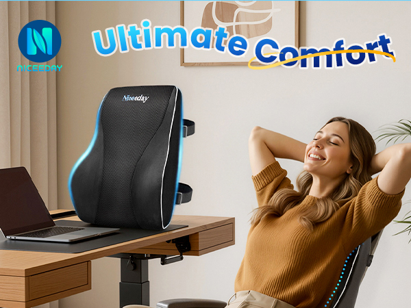 Text reads 'Ultimate Comfort'. Interior scene showing ergonomic office chair in use within a home office setting.
