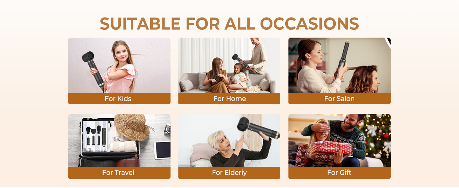 Collage of six images showcasing a handheld device in different settings: kids, home, salon, travel, elderly use, and as a gift. Text reads 'Suitable for all occasions'.