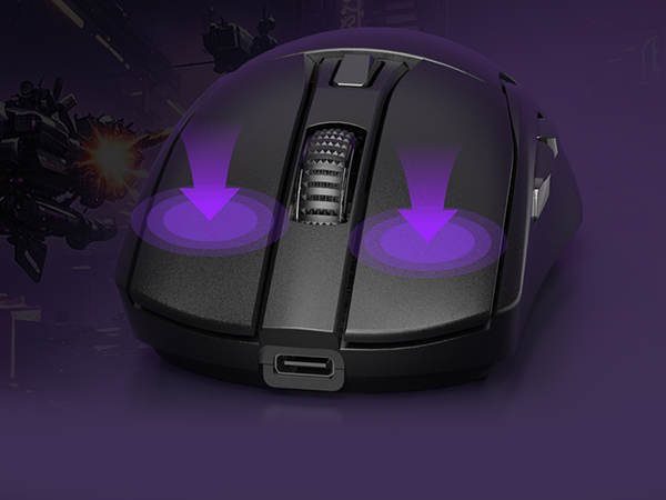 Gaming mouse with purple LED illumination shown from multiple angles. Features visible buttons and ergonomic design with black matte finish.