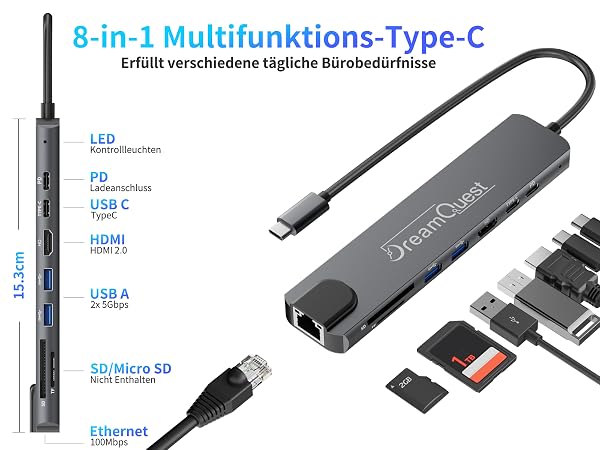 Text reads '8-in-1 Multifunctions-Type-C', 'Erbracht verschiedene digitale Funktionen'. USB Type-C hub displaying cable connector on left, multiple ports labeled (USB, PD, HDMI, SD, TF), and detachable adapters shown separately on right.