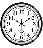 JENLYSTIME 12 Inch Indoor/Outdoor Retro Waterproof Wall Clock with Thermometer Silent Round Quart...