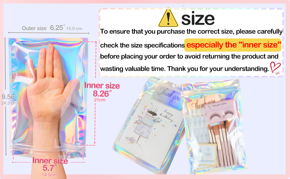 6x9 large Holographic packaing bags for small business resealable mylar baggies