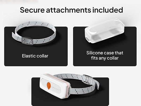 Text reads 'Secure attachments included', 'Elastic collar', 'Silicone case that fits any collar'. Multiple views of an adjustable collar with measurement markings.