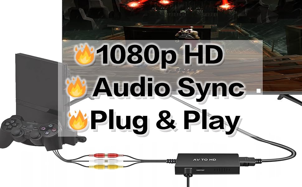Audio-visual adapter connecting gaming console to TV. Features include 1080p HD output, audio sync, and plug-and-play functionality. Shows console, TV, and adapter with cable connections.