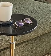 Adjustable-Height Marble Drink Table, 12x12x22-30, Black Marble &amp; Antique Brass, Modern Round End...