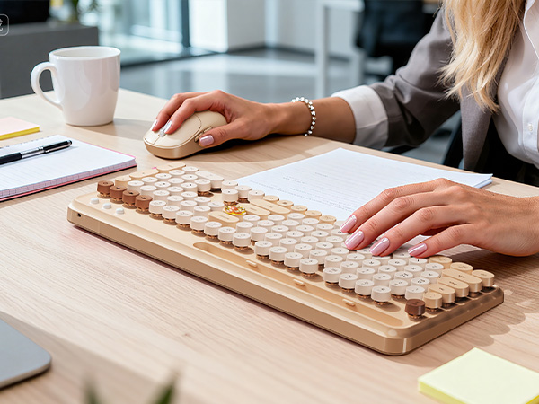 Stylish wireless keyboard mouse elevate a clean office desk, keeping work smooth and clutter-free.