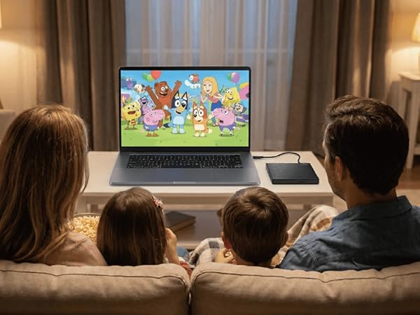 Family?watching?movie?on?laptop?using??External?DVD?Drive?USB?3.2??perfect?for?digital?memories.