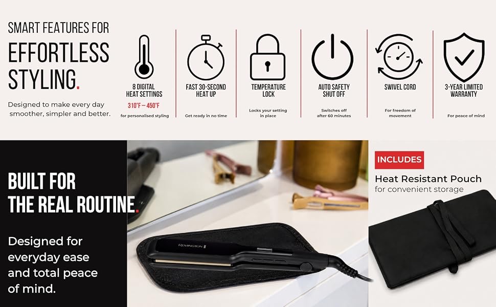 Straightener Feature Icons and Straightener places on tray, heat resistant pouch