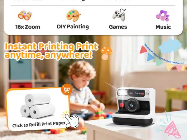 Text reads: 'Hot zoom', 'DIY Painting', 'Games', 'Music', 'Just put on the phone any time anywhere'. Product advertisement showing digital device interface with activity icons.