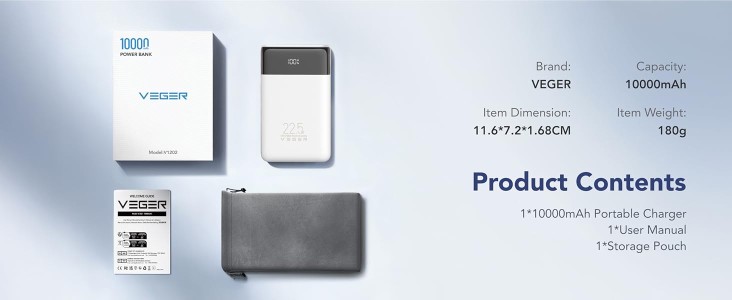 Item Dimension: 11.6*7.2*1.68cm Capacity: 10000mAh Item Weight: 180g 1*Storage Pouch 1*User Manual