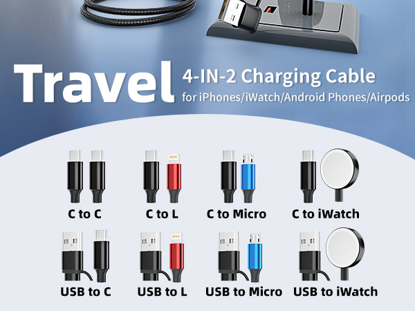 Travel Vacation Essentials 4 in 2 Charging Cable for Apple iWatch Charger