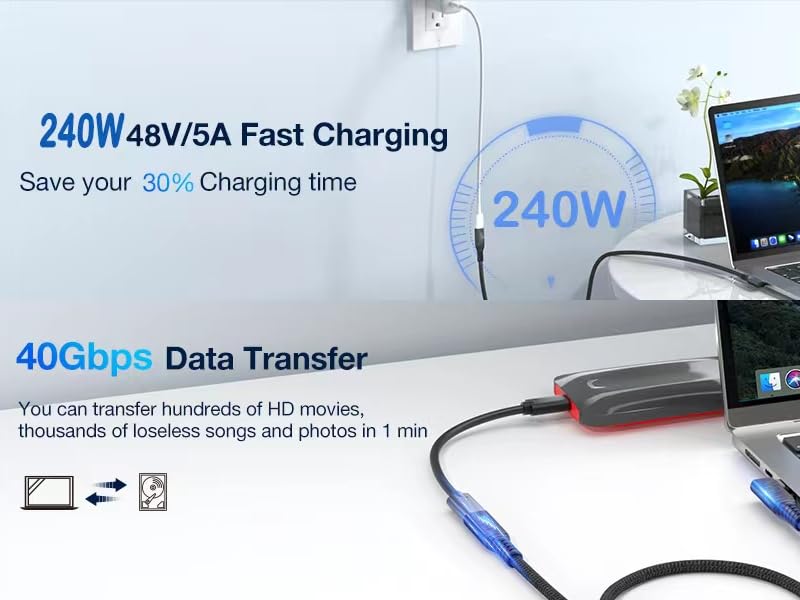 USB C Extension Cable 240W 1FT, Right Angle USB 4 &amp;amp; Thunderbolt 4 Extension Cabl