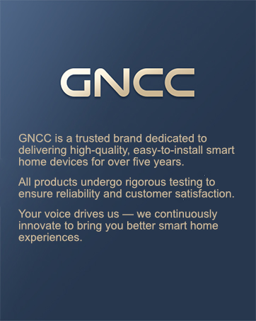 Blue background with GNCC logo and text describing the brand's focus on high-quality smart home devices, rigorous testing, and customer-driven innovation.