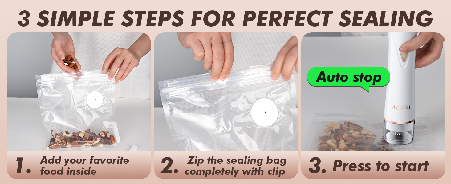 3 step showing how easy to use a vacuum sealer: fill bag, seal with clip, press to start auto stop.