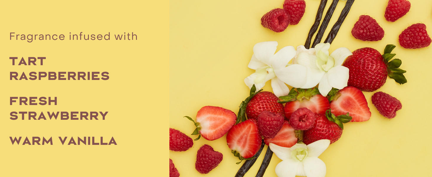 Image of fragrance infusion ingredients: tart raspberries, fresh strawberry &amp;amp; warm vanilla.
