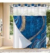 No Hook Shower Curtain with Snap in Liner, Blue Marble Shower Curtain, Fabric Waterproof Inner Li...