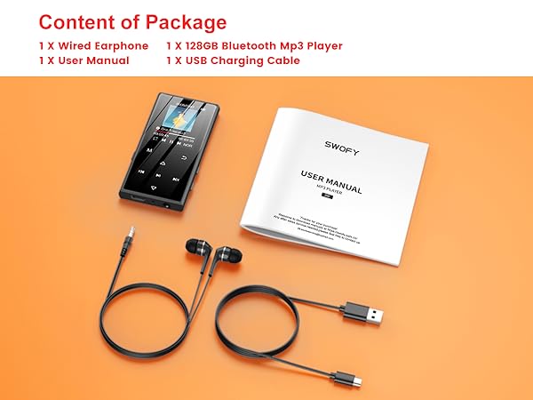 Bluetooth MP3 player package with 128GB storage, including device, wired earphones, user manual, and USB charging cable on orange background. Package contents listed above.