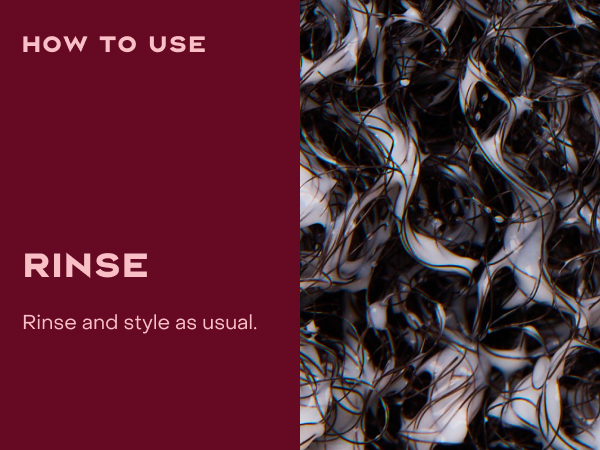 Image of a woman's curly wet hair, next to rinsing instructions.