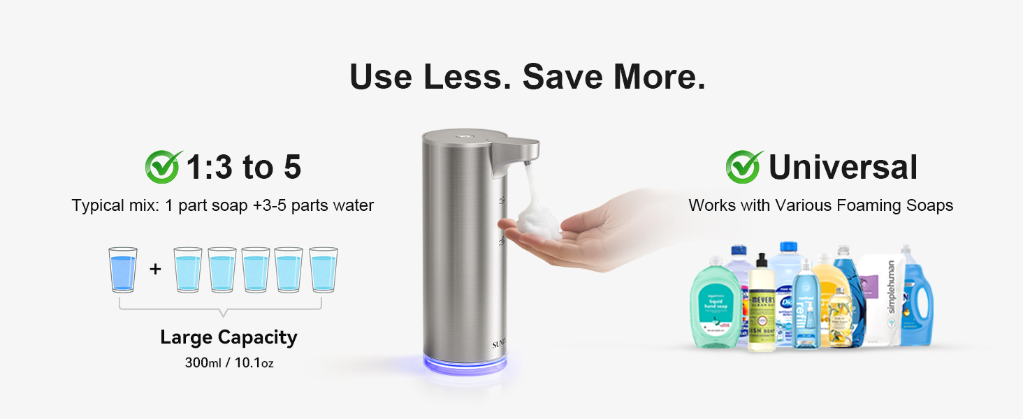 Foaming soap dispenser saves soap, works with common soaps and is good for kitchen or bath.
