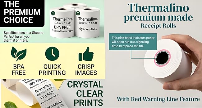 Thermalino premium thermal receipt rolls with end-of-roll warning band - BPA free, POS systems,