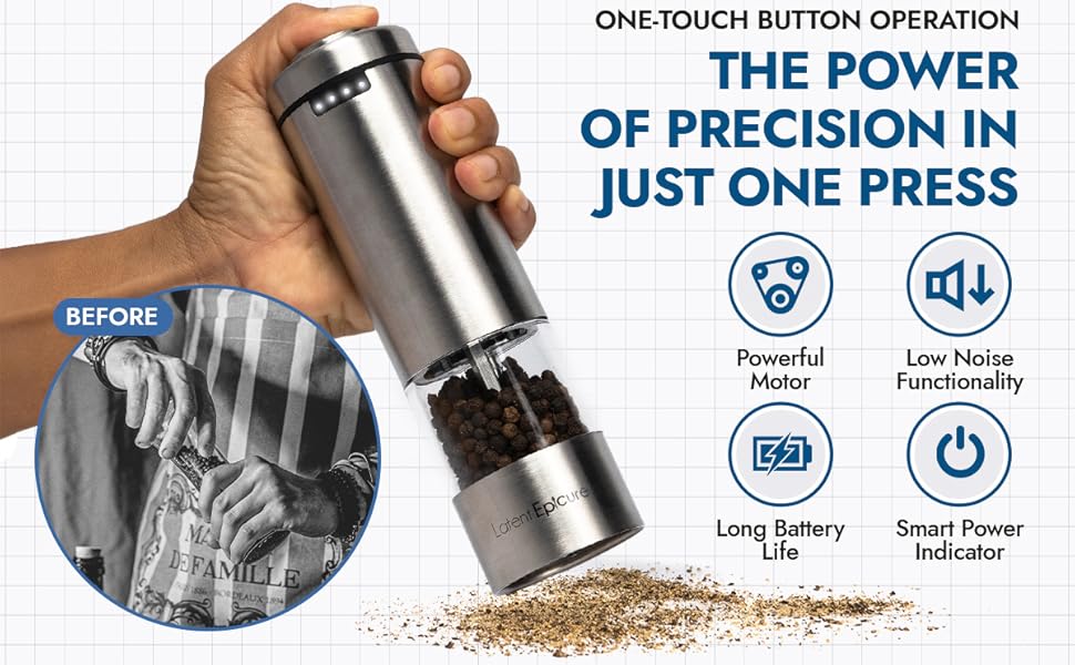 Latent Epicure grinder in hand with one-touch button, powerful motor, long battery life, low noise