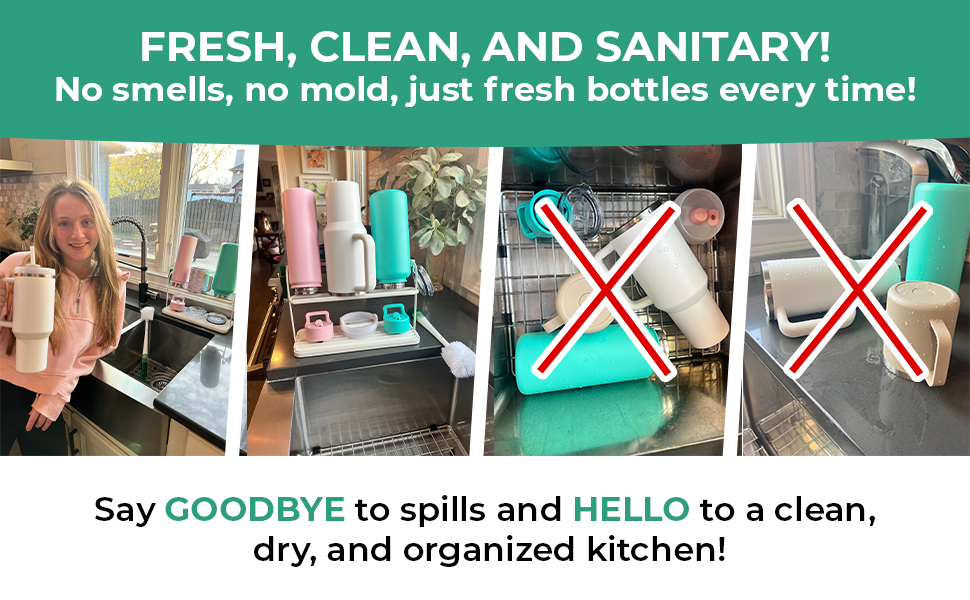 two images: water bottles and lids in sink and counter, two images: items on a bottle drying rack