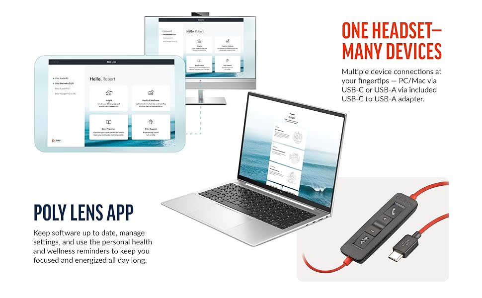 poly lens app to manage device USB-C to USB-A adapter PC Mac tablet device