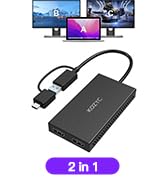 Black rectangular device with USB ports. Images of multiple screens above. Text '2 in 1' visible in purple.