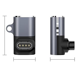 Two views of a small electronic device with a metallic gray body, black base, and four gold contact pins. Includes dimension indicators.