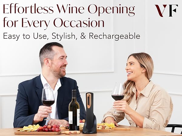 Rechargeable wine bottle opener with red wine and cheese board being enjoyed by happy couple 